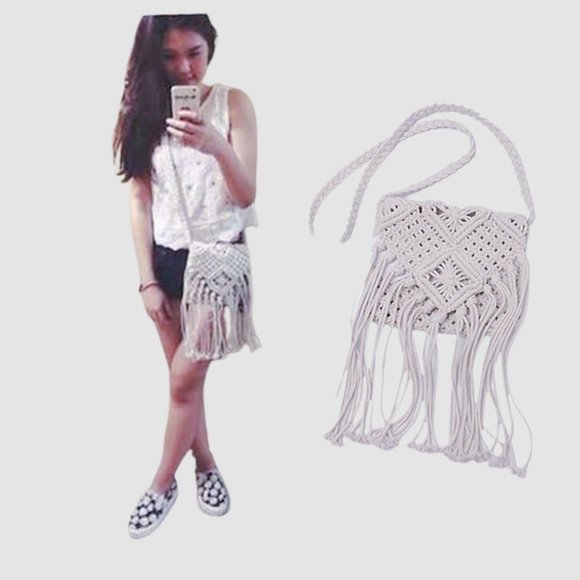 SOLD OUT       BOHO Ivory Macrame Fringed Shoulder Bag with Flap - Picture 2 of 4
